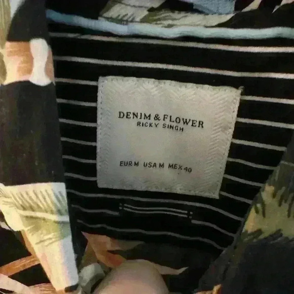 Denim Flower Button Up Shirt Hawaiian Flowers - Picture 3 of 3